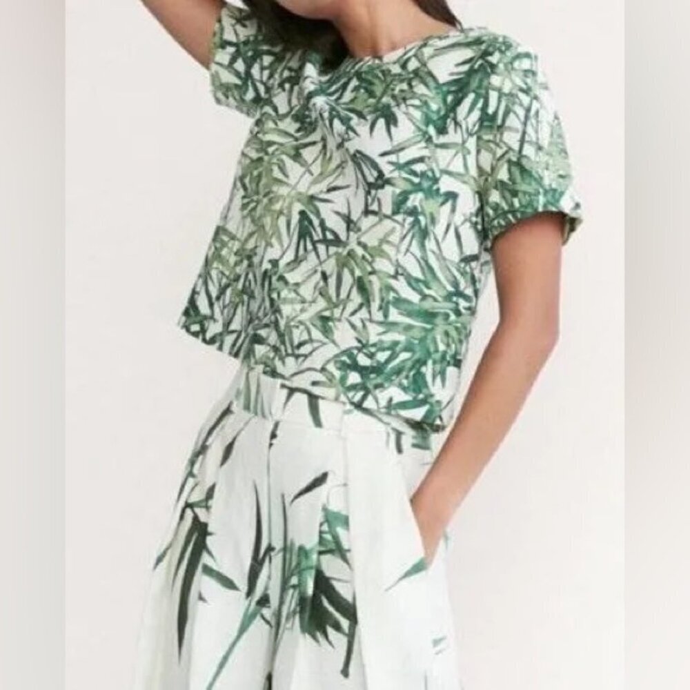 Massimo Dutti Top Women's Size 10 US Tan Linen Tropical Print Short Sleeve Crop - Picture 3 of 13